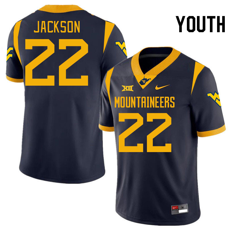 Youth #22 Josiah Jackson West Virginia Mountaineers College 2024 New Uniforms Football Jerseys Stitc